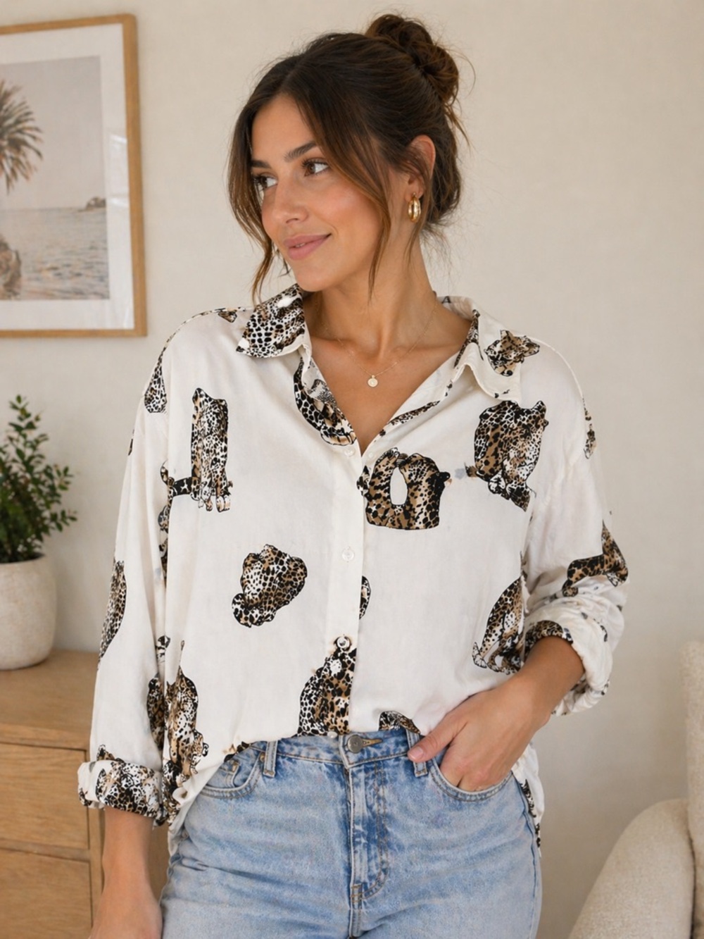 Women’s Cream Leopard Print Button-Up Shirt - Size M